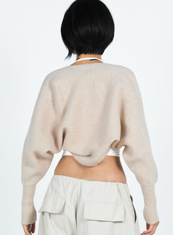 back view of model wearing Princess Polly Aviana Cardigan Beige Marle cropped 
