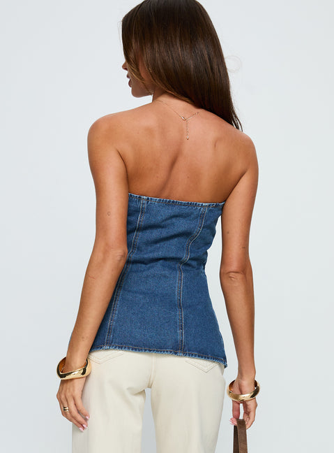 Deann Denim Strapless Top Mid Blue Wash