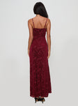 back view of model wearing Princess Polly Rumours Slippy Burnout Maxi Dress Burgundy Sweetheart Neckline 