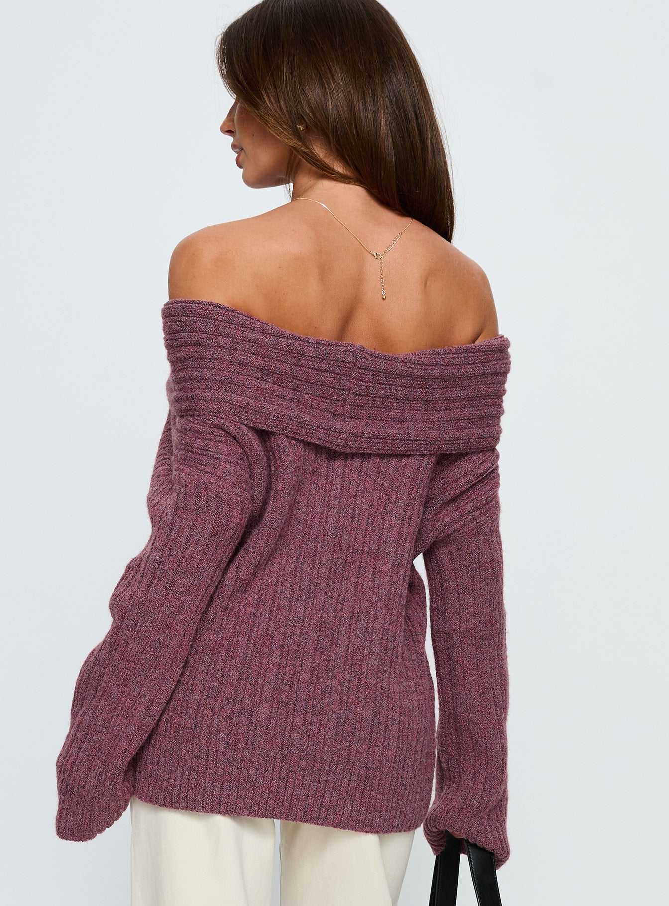 back view of model wearing Princess Polly Snowie Off Shoulder Knit Sweater Burgundy Long 