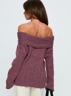 back view of model wearing Princess Polly Snowie Off Shoulder Knit Sweater Burgundy Long 