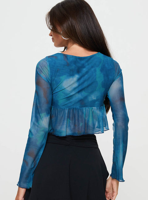 back view of model wearing Princess Polly Too Short Top Blue Full Sleeves Plunger 