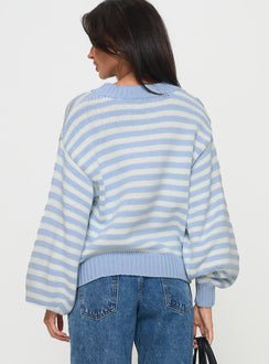 back view of model wearing Princess Polly Harmony Balloon Sleeve Knit Sweater Blue / White Stripe Cropped 
