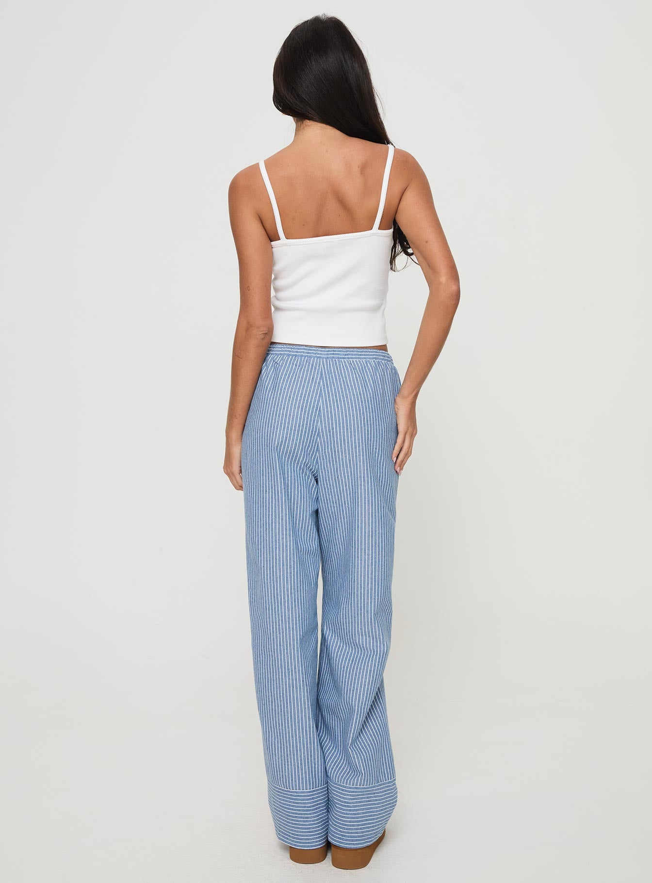 back view of model wearing Princess Polly Veridian Pants Blue Stripe Mid Rise 