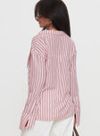 back view of model wearing Princess Polly Calistoga Deep Collar Shirt Pink Stripe Full Sleeves V-Neck 