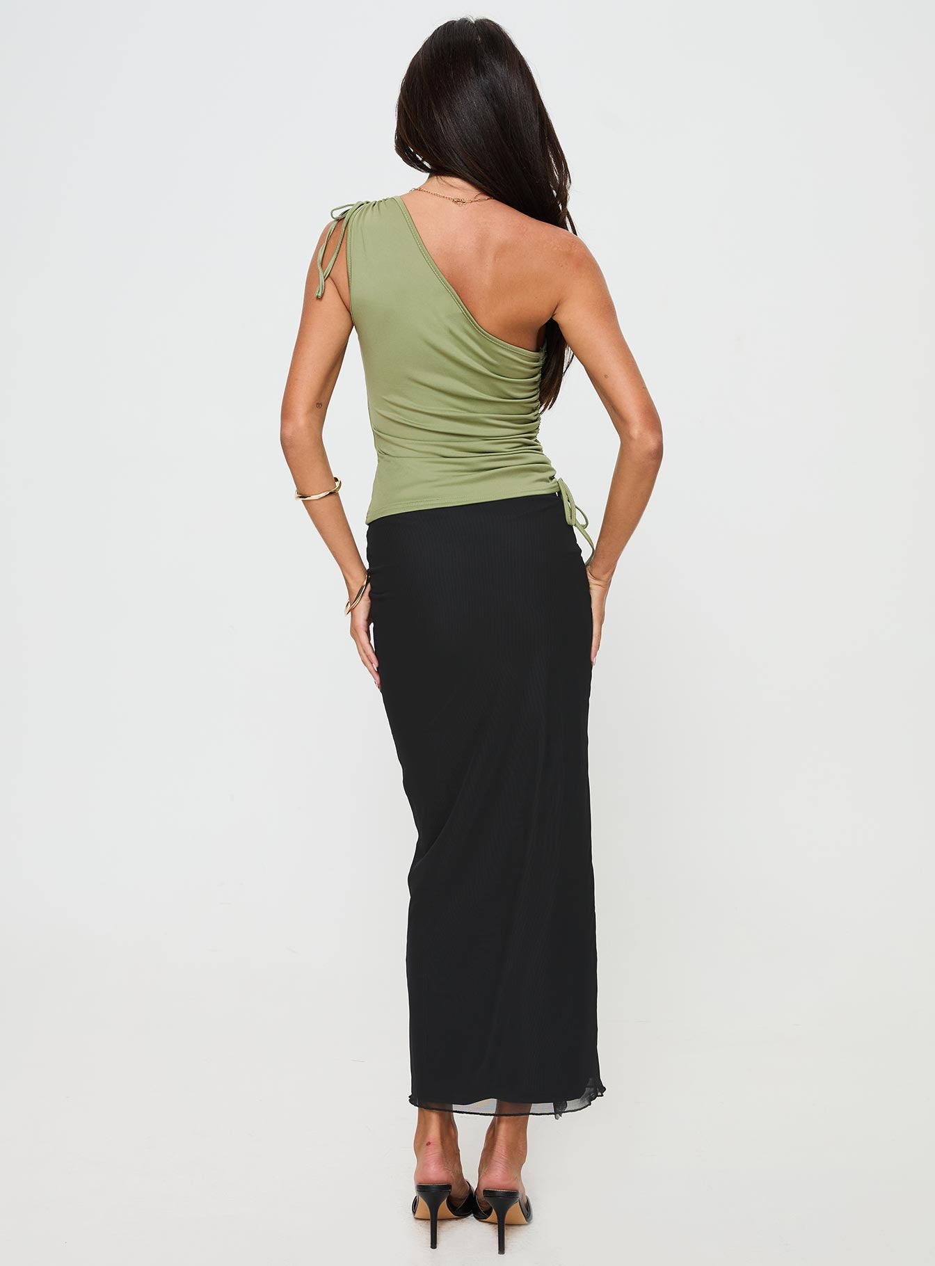 back view of model wearing Princess Polly Fleming Maxi Skirt Black Maxi 