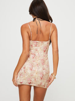 back view of model wearing Princess Polly Kemmi Mini Dress Pink / Multi Straight Neck 