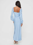 back view of model wearing Princess Polly Hazel Long Sleeve Maxi Dress Blue Sweetheart Neckline 