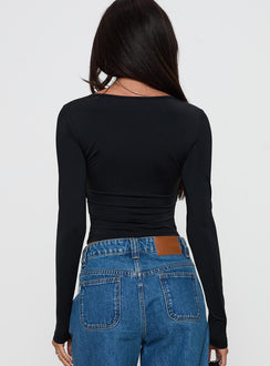 back view of model wearing Princess Polly Layna Long Sleeve Plunge Neck Top Black Full Sleeves V-Neck 