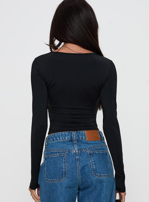 back view of model wearing Princess Polly Layna Long Sleeve Plunge Neck Top Black Full Sleeves V-Neck 