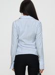 back view of model wearing Princess Polly Rush Hour Long Sleeve Top Blue Stripe Full Sleeves High Neck 