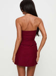 back view of model wearing Princess Polly Nutmeg Strapless Mini Dress Burgundy Straight Neck 