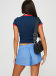 Front view of model wearing  front Maxxy Boxer Shorts Blue Stripe Princess Polly High Waisted Shorts 