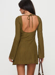 back view of model wearing Princess Polly Lukea Long Sleeve Mini Dress Olive Ribbed Boat Neck 