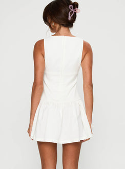 back view of model wearing Princess Polly Milienne Mini Dress White Crew Neck 
