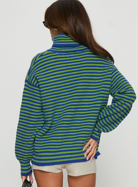 back view of model wearing Princess Polly Lancelot Turtle Neck Oversized Jumper Green Stripe Longline Jumpers 