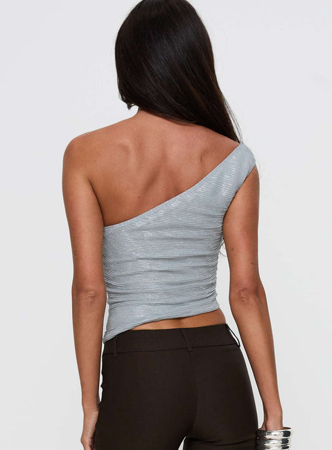 back view of model wearing Princess Polly No Distractions One Shoulder Top Silver Sleeveless Asymmetric Neckline 