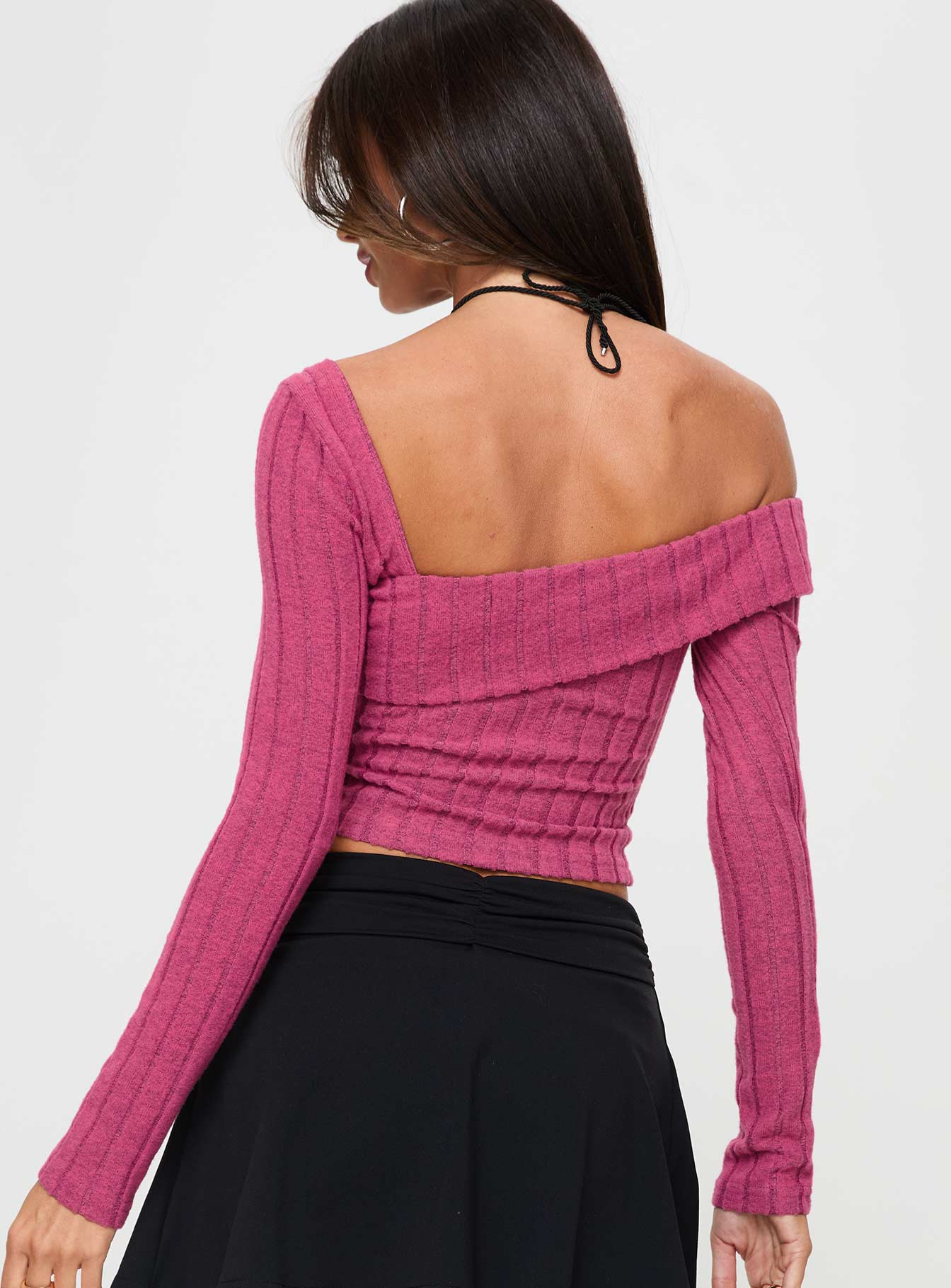 back view of model wearing Princess Polly Looking For Love Long Sleeve Top Pink Full Sleeves Asymmetric Neckline 