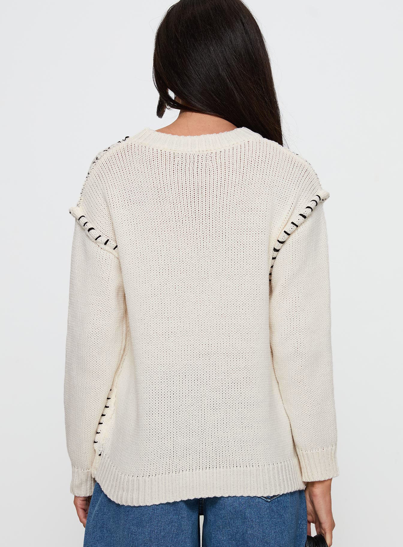 back view of model wearing Princess Polly Change The Weather Contrast Stitch Knit Sweater Cream Cropped 