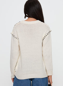 back view of model wearing Princess Polly Change The Weather Contrast Stitch Knit Sweater Cream Cropped 