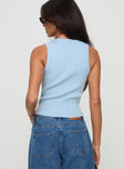 back view of model wearing Princess Polly Issues Top Blue Sleeveless Square Neck 