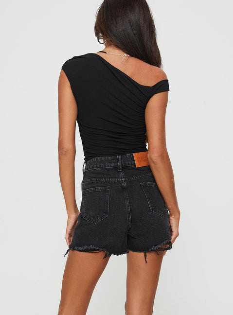 back view of model wearing Princess Polly Laurena Denim Shorts Washed Black High Waisted Shorts 