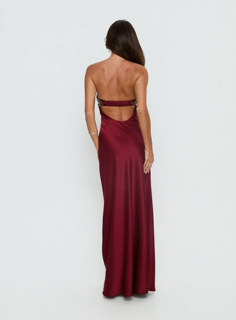 See The Vision Sequin Bust Strapless Maxi Dress Burgundy