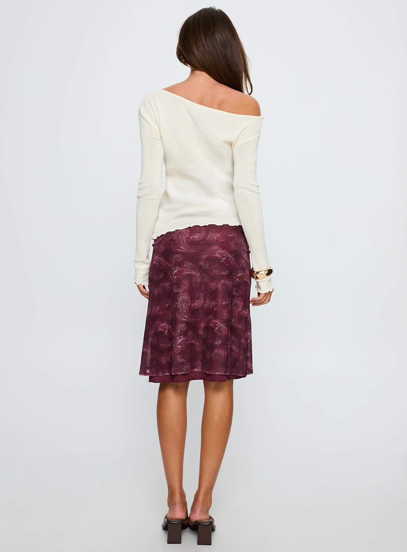 back view of model wearing Princess Polly Esmeray Midi Skirt Mesh Tonal Paisley Plum 