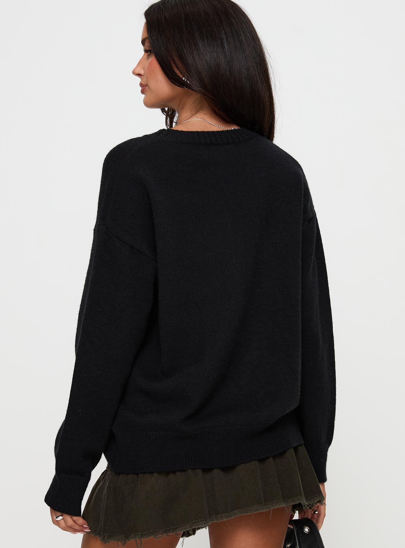 back view of model wearing Princess Polly Run The Party Knit Sweater Black 