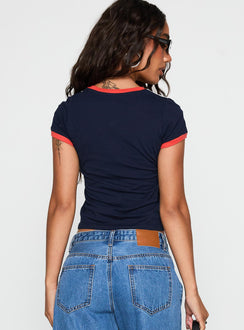 back view of model wearing Princess Polly So Brooklyn Graphic Tee Blue Short Sleeves Crew Neck 