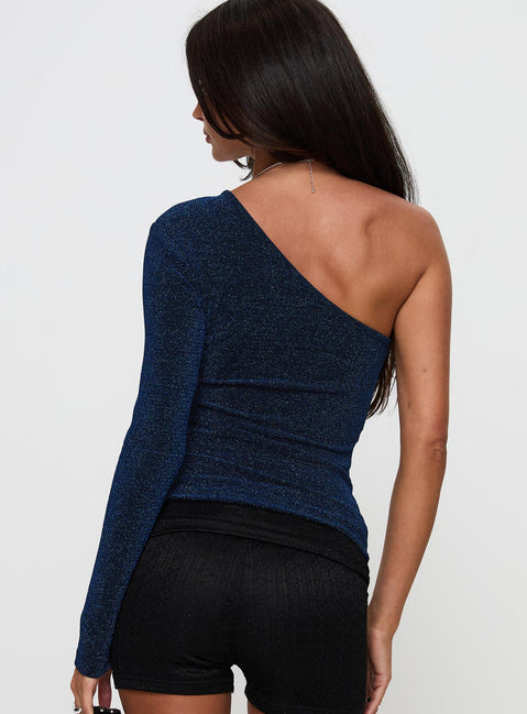 back view of model wearing Princess Polly Dance All Night One Sleeve Top Navy Glitter Sleeveless Asymmetric Neckline 