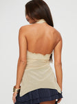 Halter top Plunge neckline, ruffle trim, butterfly detail at front, open front Good stretch, lined bust