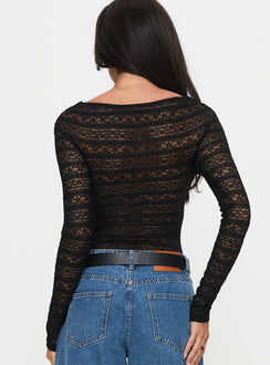 back view of model wearing Princess Polly Secret Of Us Off Shoulder Lace Bodysuit Black Full Sleeves 