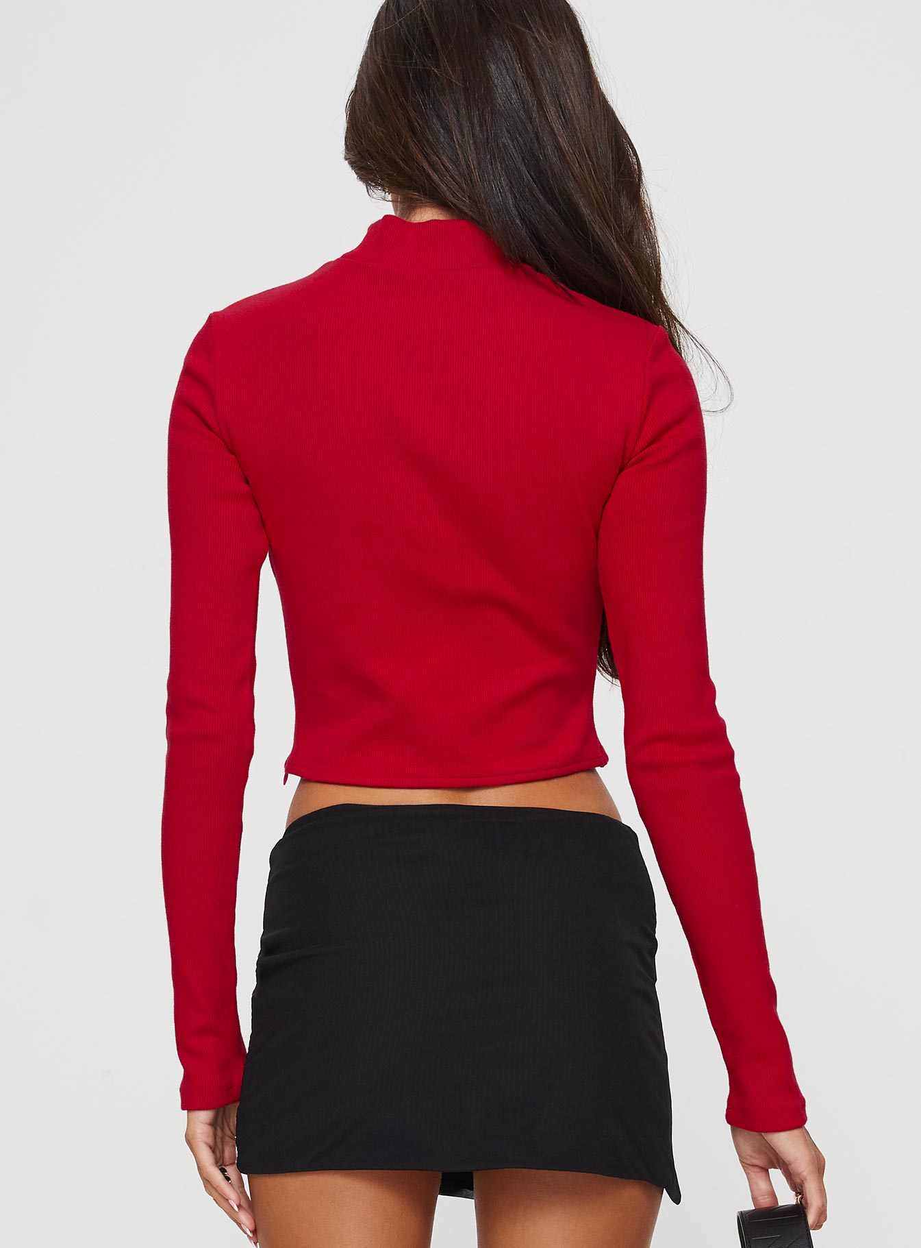back view of model wearing Princess Polly Cathey Long Sleeve Corset Top Red Full Sleeves High Neck 