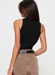 back view of model wearing Princess Polly Writer Bodysuit Black Sleeveless High Neck 