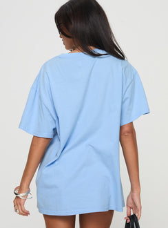 back view of model wearing Princess Polly Races 1996 Oversized Tee Blue Half Sleeves Crew Neck 