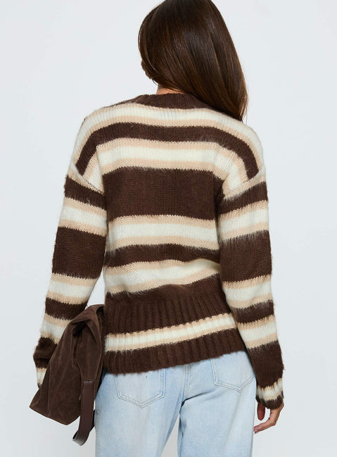 back view of model wearing Princess Polly Cultivated Fluffy Knit Cardigan Brown Stripe Long 