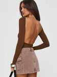 back view of model wearing Princess Polly Gatewood Long Sleeve Bodysuit Brown Full Sleeves Boat Neck 