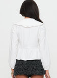 back view of model wearing Princess Polly Floating Along Collared Long Sleeve Top White Full Sleeves Scoop Neck 