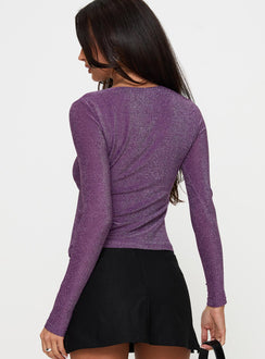 back view of model wearing Princess Polly Stars Aligned Long Sleeve Top Purple Full Sleeves V-Neck 
