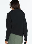 back view of model wearing Princess Polly Ferry Zip Front Sweater Black Lower Impact 