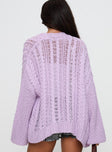 back view of model wearing Princess Polly Abner Cable Cardigan Lilac Long 