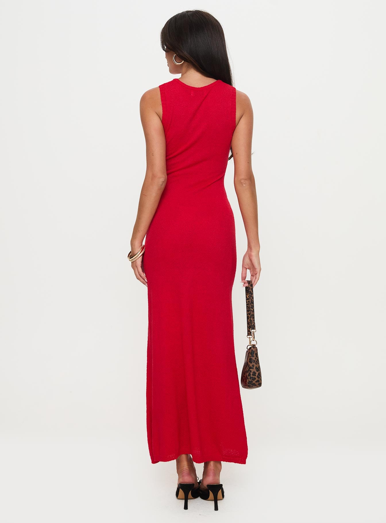 back view of model wearing Princess Polly Maebie Knit Maxi Dress Red Crew Neck 