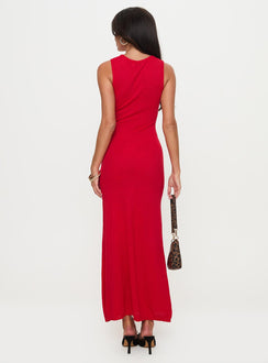 back view of model wearing Princess Polly Maebie Knit Maxi Dress Red Crew Neck 