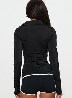 back view of model wearing Princess Polly Celosiah Zip Up Collared Top Black Full Sleeves V-Neck 