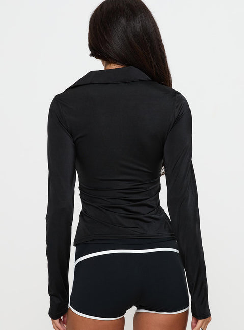 back view of model wearing Princess Polly Celosiah Zip Up Collared Top Black Full Sleeves V-Neck 