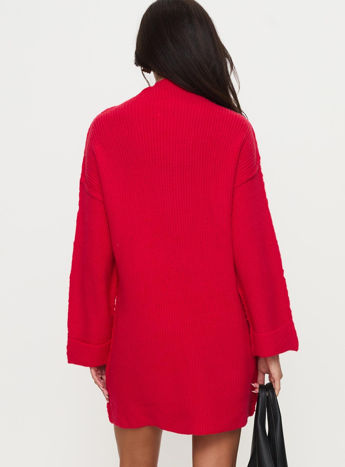 back view of model wearing Princess Polly Weslie Long Sleeve Knit Mini Dress Red High Neck 