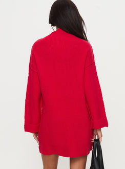 back view of model wearing Princess Polly Weslie Long Sleeve Knit Mini Dress Red High Neck 