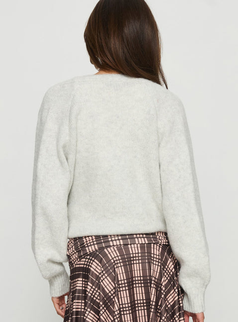 back view of model wearing Princess Polly Daelan Wrap Knit Cardigan Grey Marle cropped 