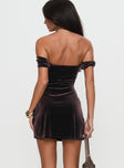 back view of model wearing Princess Polly Zabbarra Off The Shoulder Mini Dress Chocolate Velvet Straight Neck 